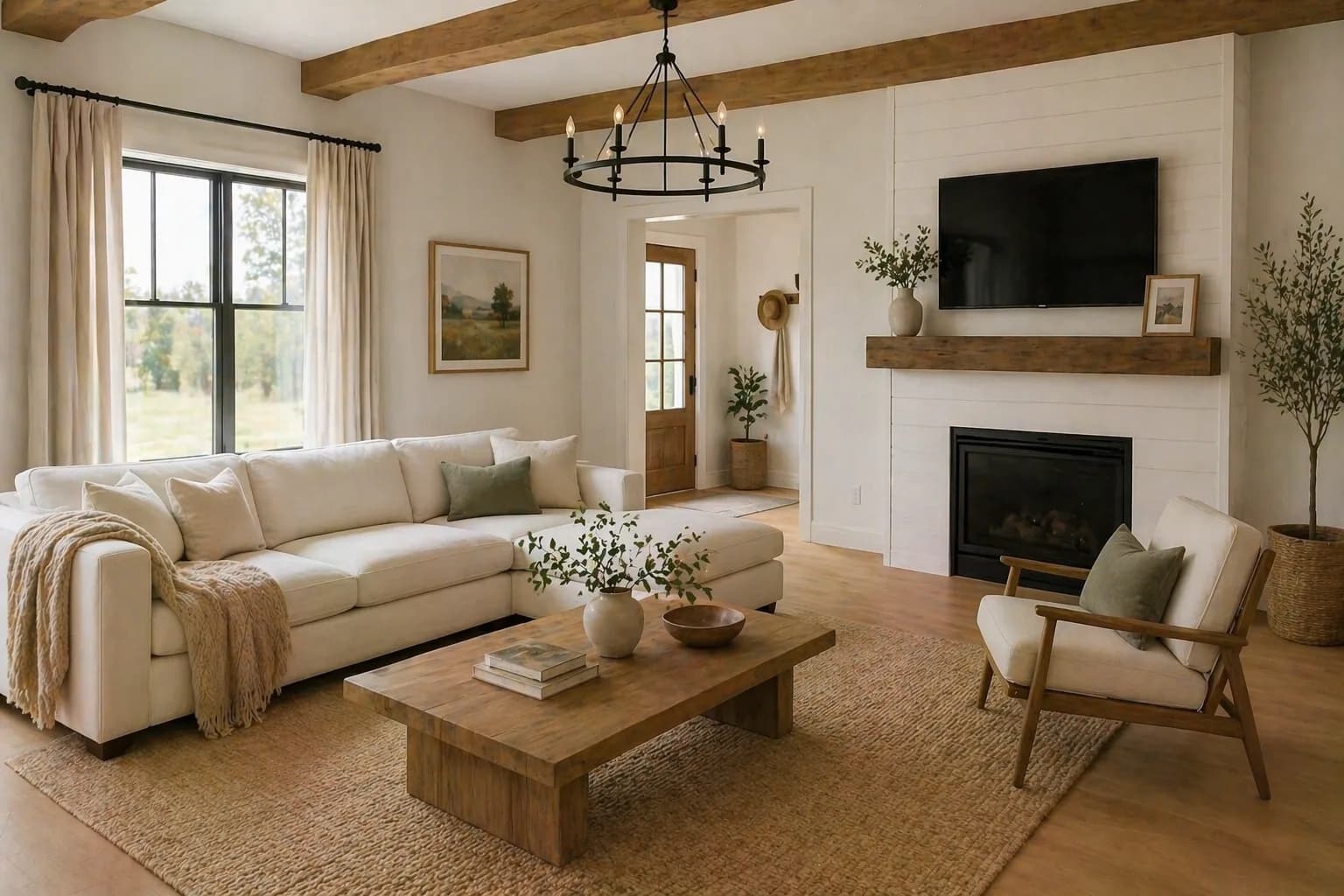 Scandinavian-style smart living room concept with integrated lighting