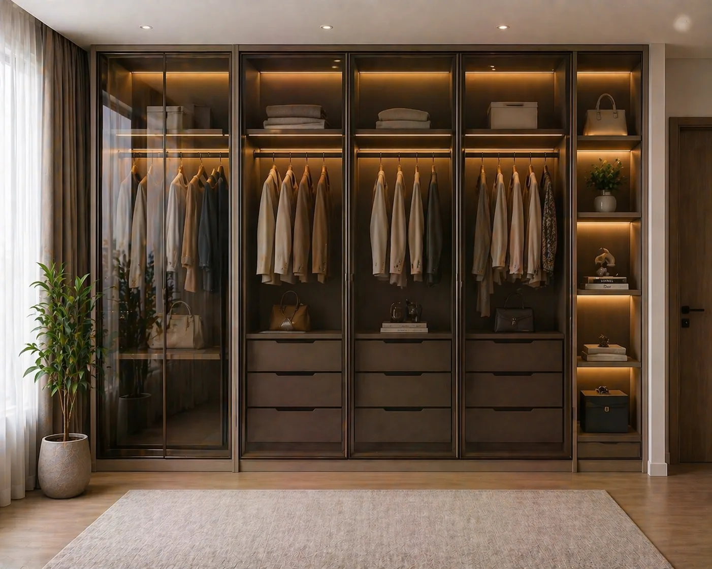 Floor-to-ceiling designer wardrobe concept with ambient lighting, Mansarovar, Jaipur