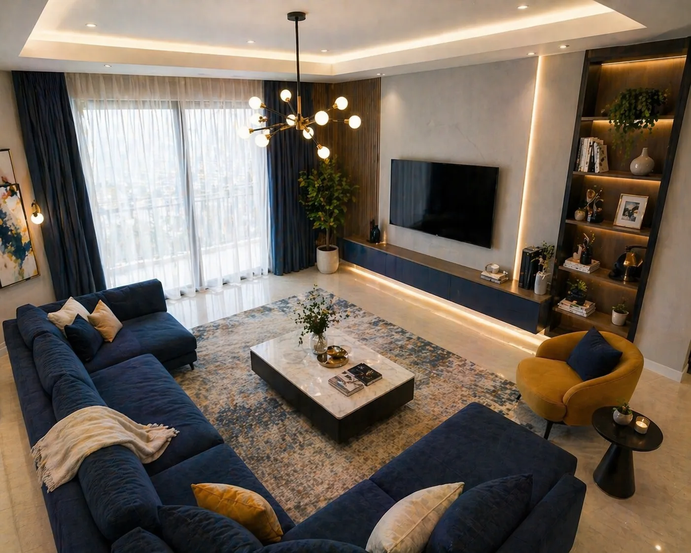 Grand contemporary living room concept with custom millwork