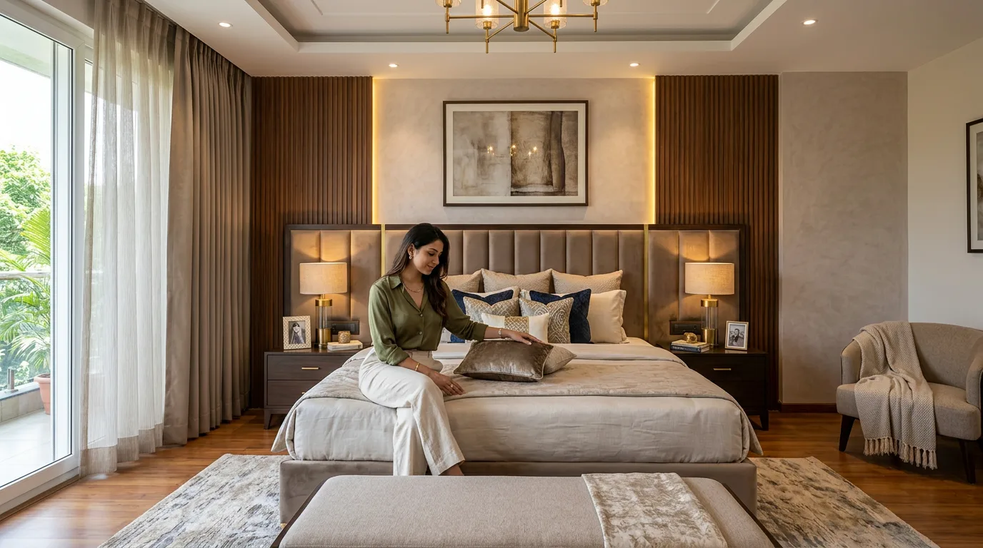 Real Luxora master bedroom with layered ambient lighting
